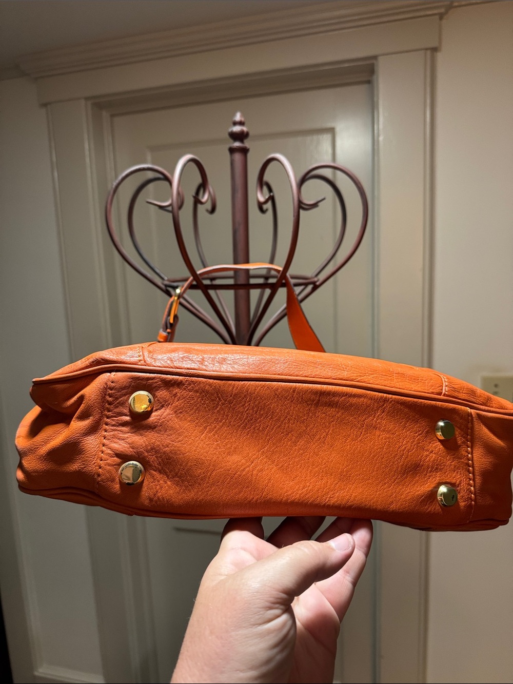 Burnt Orange Leather Shoulder Bag with Embossed Round Logo - Picture 2 of 12
